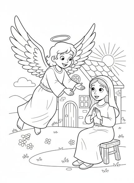 Ángel alegre con grandes alas, página para colorear Alas de Ángel para niños de 5 a 10 años.