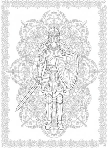 Figura de la Armadura de Dios, página para colorear de la Armadura de Dios para adultos en estilo de journaling bíblico