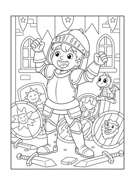 Niño poniéndose la armadura, Armadura de Dios, página para colorear para niños de 5 a 10 años