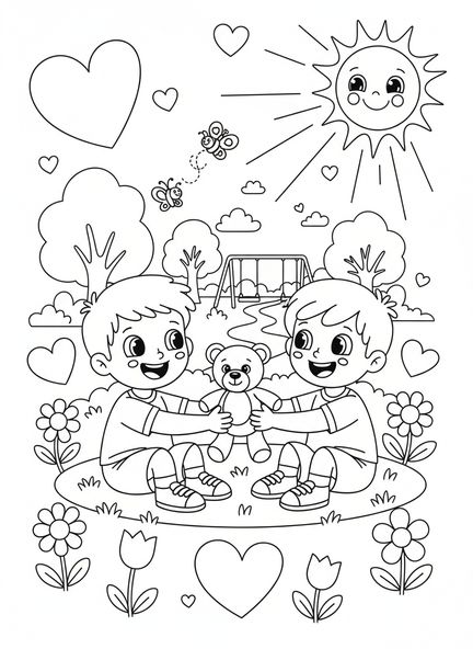 Enfant heureux partageant un jouet, page à colorier 1 Corinthiens 13 pour les enfants de 5 à 10 ans.