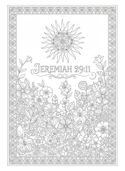 Soleil radieux sur un jardin, page à colorier Jérémie 29:11 pour adultes dans un style de journal biblique.