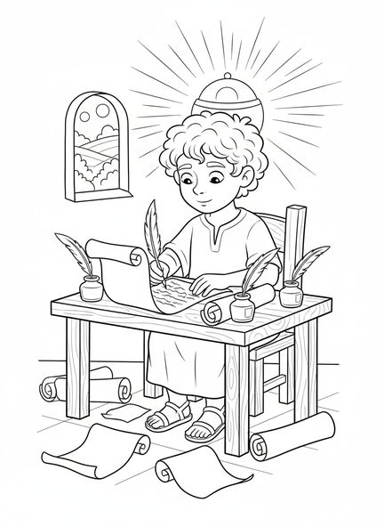 Jérémie écrivant un rouleau, page à colorier Jérémie 29:11 pour les enfants de 5 à 10 ans