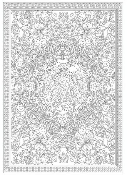 Globe avec des motifs floraux, page à colorier Jean 3:16 pour adultes dans un style de journal biblique.