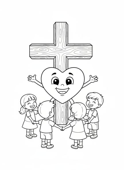 Cœur joyeux avec des bras, page à colorier Jean 3:16 pour enfants de 5 à 10 ans