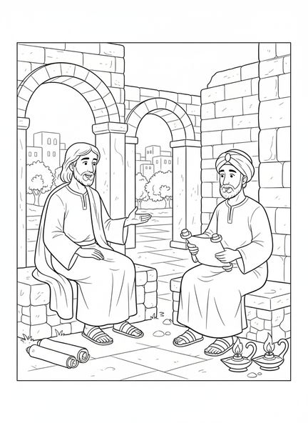 Jésus enseignant Nicodème, page à colorier Jean 3:16 pour les enfants de l'École du dimanche âgés de 5 à 12 ans.