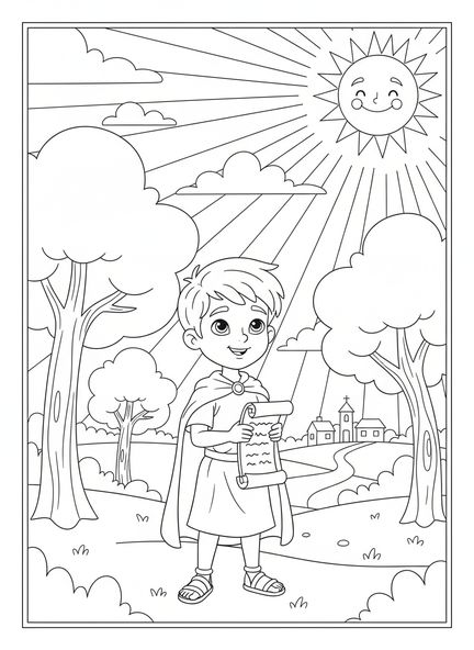 Josué se tenant avec confiance, page à colorier Josué 1:9 pour enfants de 5 à 10 ans