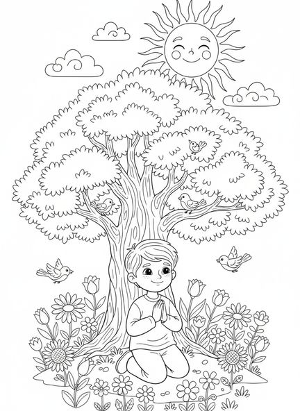 Enfant priant sous un arbre, page à colorier du Notre Père pour les enfants de 5 à 10 ans