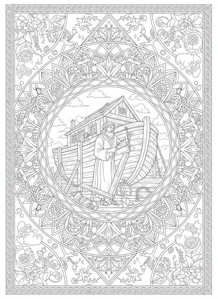 Noé construisant l'arche, Philippiens 4:13 page à colorier pour adultes dans le style du journal biblique.
