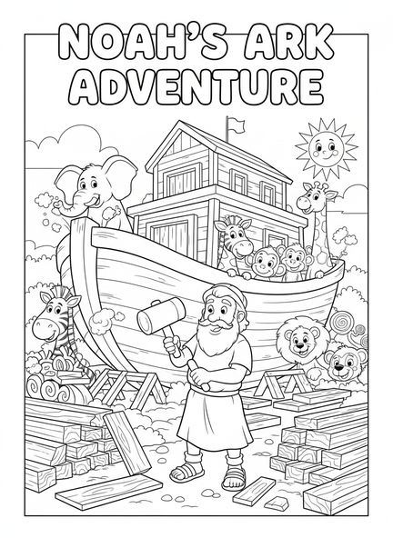 Noé construisant l'arche, Philippiens 4:13 page à colorier pour les enfants de 5 à 10 ans
