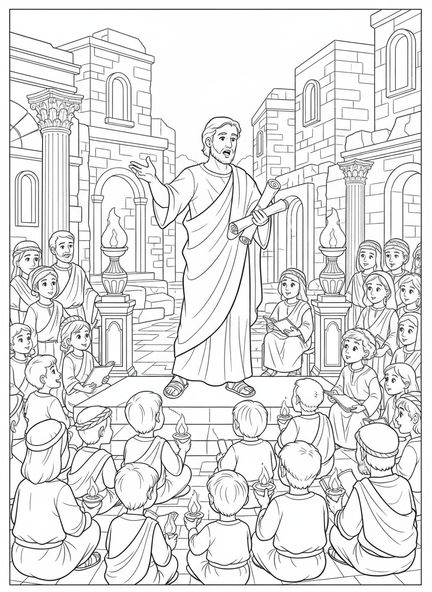 Paul prêchant, page à colorier Philippiens 4:13 pour les enfants de l'École du dimanche âgés de 5 à 12 ans.
