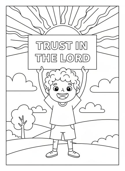 Enfant heureux tenant une pancarte, page à colorier Proverbes 3:5-6 pour les enfants de 5 à 10 ans.