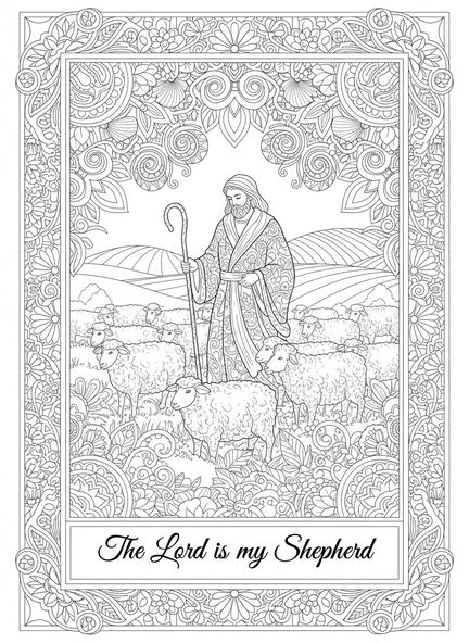 Berger avec des moutons, page à colorier Psaume 23 pour adultes dans un style de journal biblique.
