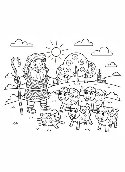Berger amical avec des moutons, page à colorier Psaume 23 pour enfants de 5 à 10 ans