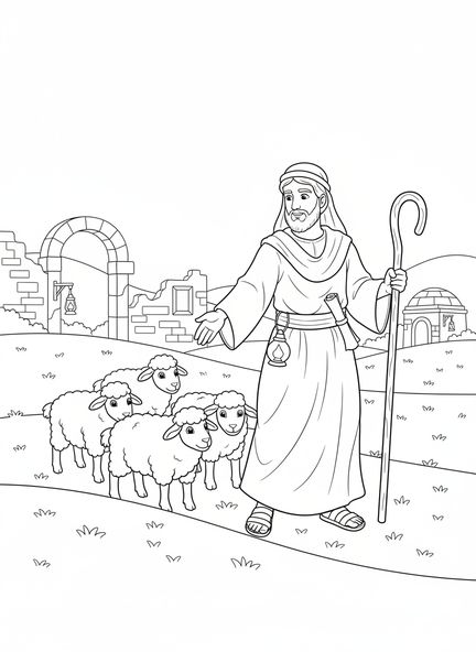 Pasteur guidant des moutons, page à colorier Psaume 23 pour les enfants de l'École du dimanche âgés de 5 à 12 ans.