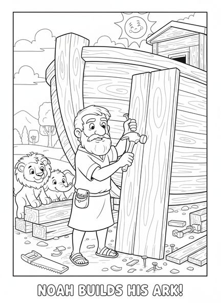 Noé construisant l'arche, page à colorier Psaume 46:10 pour les enfants de 5 à 10 ans