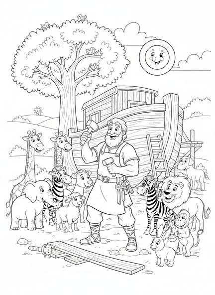 Noé construisant l'arche, Romains 8:28 page à colorier pour les enfants de 5 à 10 ans