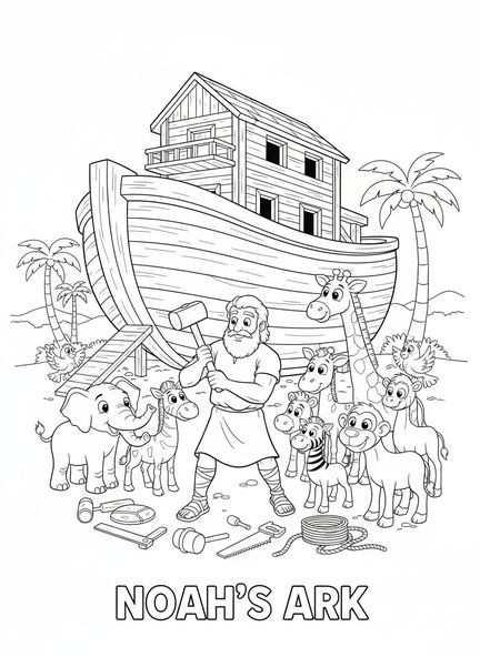 Noé construisant l'arche, page à colorier du calendrier de l'Avent pour les enfants de 5 à 10 ans.