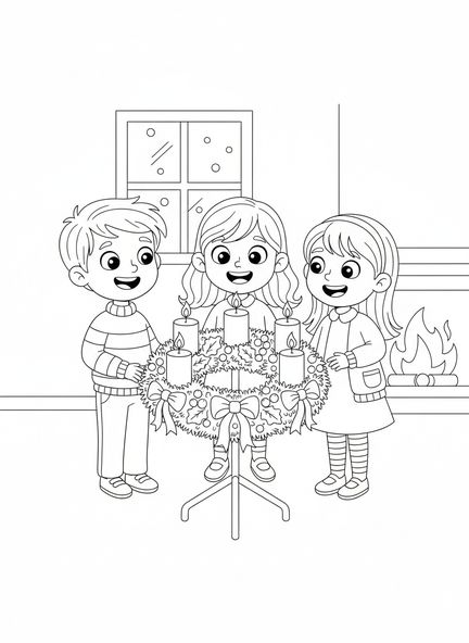 Groupe d'enfants, page à colorier de la couronne de l'Avent pour les enfants de 5 à 10 ans.