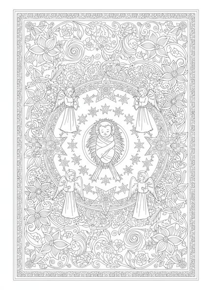 Scène de la Nativité avec le Bébé Jésus, page à colorier du Bébé Jésus pour le style de journal biblique pour adultes.