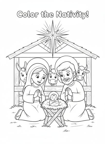Coloriage de Marie et Joseph, le bébé Jésus pour les enfants de 5 à 10 ans