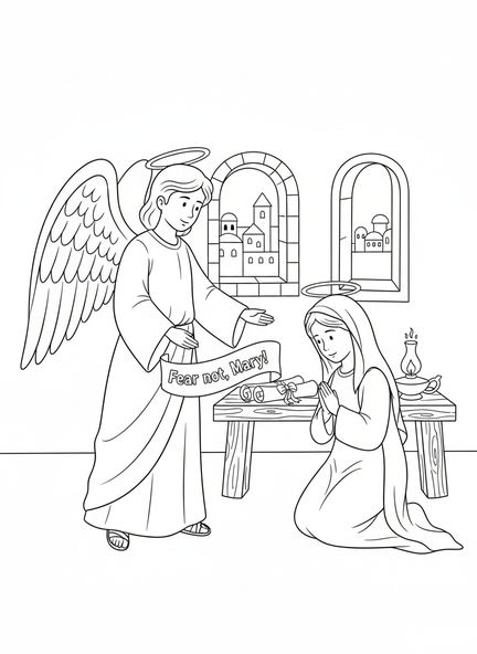 Page à colorier de l'ange visitant Marie et du bébé Jésus pour les enfants de l'École du dimanche âgés de 5 à 12 ans