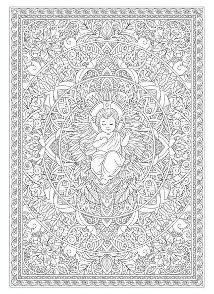Crèche avec le bébé Jésus, page à colorier de la Nativité de Noël pour adultes dans un style de journal biblique.