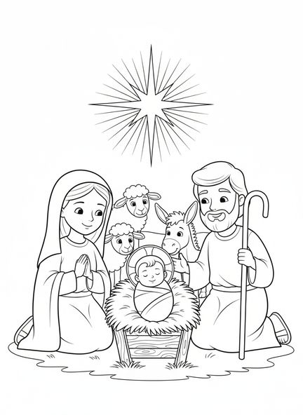Crèche avec le Petit Jésus, page à colorier de la Nativité de Noël pour les enfants de 5 à 10 ans