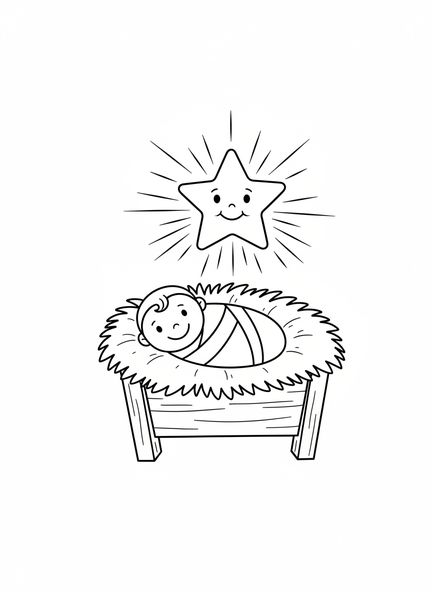 Bébé Jésus dans une crèche, page à colorier de la Nativité pour les enfants d'âge préscolaire de 3 à 5 ans