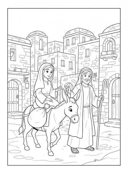 Marie et Joseph, page à colorier de la Nativité de Noël pour les enfants de l'École du dimanche âgés de 5 à 12 ans.