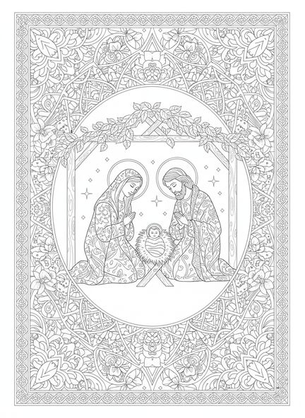 Scène de la Nativité avec Marie, Joseph et le bébé Jésus, page à colorier religieuse de Noël pour adultes dans un style de journal biblique.