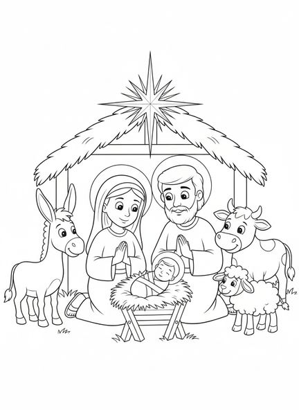 Marie et Joseph, page à colorier religieuse de Noël pour enfants de 5 à 10 ans