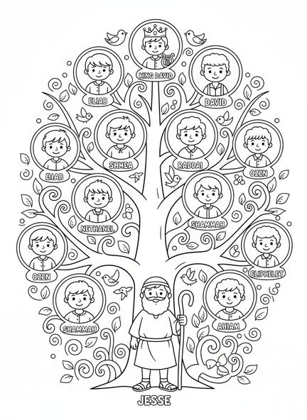 Arbre généalogique avec Jessé et ses fils, page à colorier de l'Arbre de Jessé pour les enfants de 5 à 10 ans