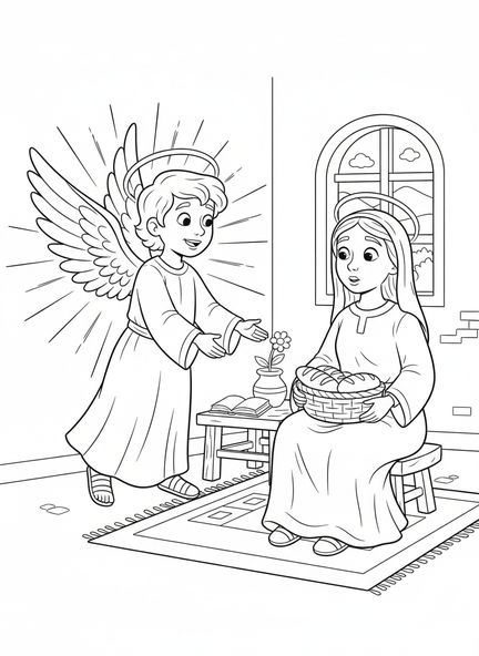 Ange avec un message, page à colorier de Marie et Joseph pour les enfants de 5 à 10 ans