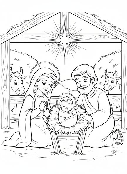 Bébé Jésus dans la crèche, page à colorier Bébé Jésus dans la crèche pour les enfants de 5 à 10 ans