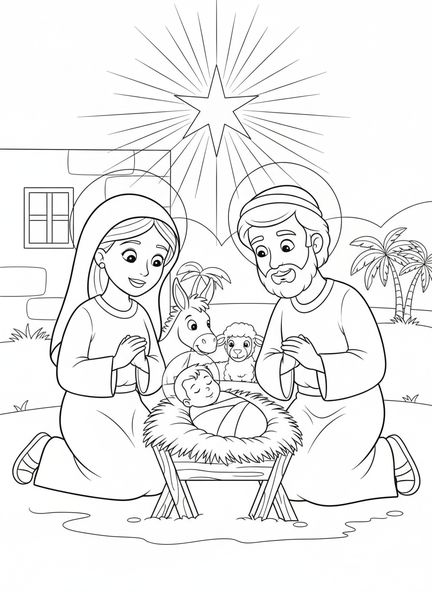 Marie et Joseph, page à colorier de la Sainte Famille à la Nativité pour les enfants de 5 à 10 ans