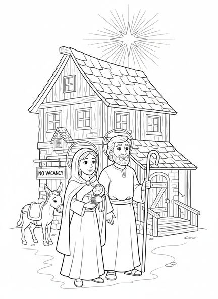 Joseph et Marie, Nativité Marie Joseph Pas de place page à colorier pour enfants de 5 à 10 ans