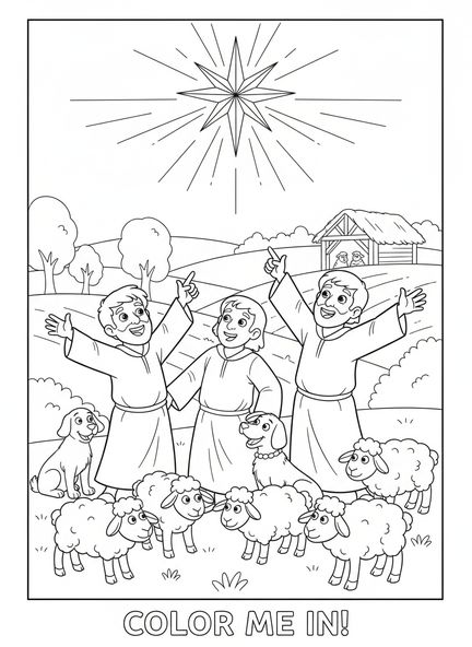 Trois bergers excités, page à colorier des bergers de la Nativité trouvant Jésus pour les enfants de 5 à 10 ans