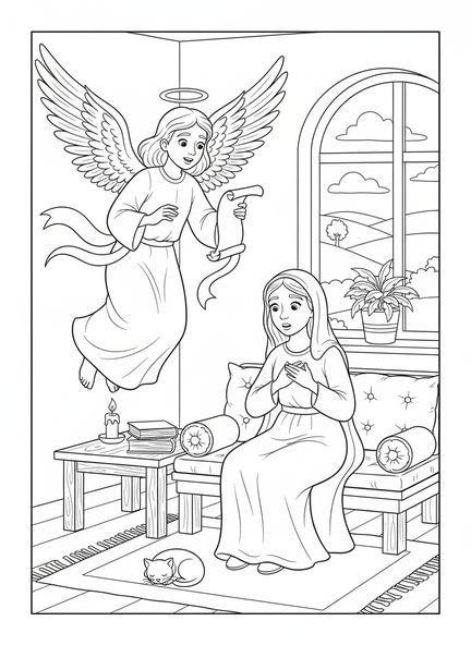 Un ange visitant Marie, page à colorier de l'Étoile de la Nativité au-dessus de Bethléem pour les enfants de 5 à 10 ans.