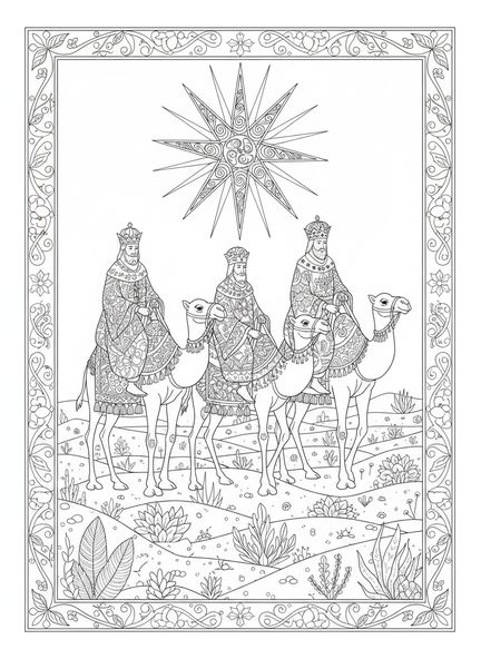 Trois rois mages sur des chameaux, page à colorier des Rois Mages de la Nativité apportant des cadeaux, style de journal biblique pour adultes.