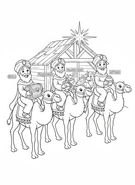 Trois Rois Mages en dessins animés sur des chameaux, page à colorier des Rois Mages de la Nativité apportant des cadeaux pour les enfants de 5 à 10 ans