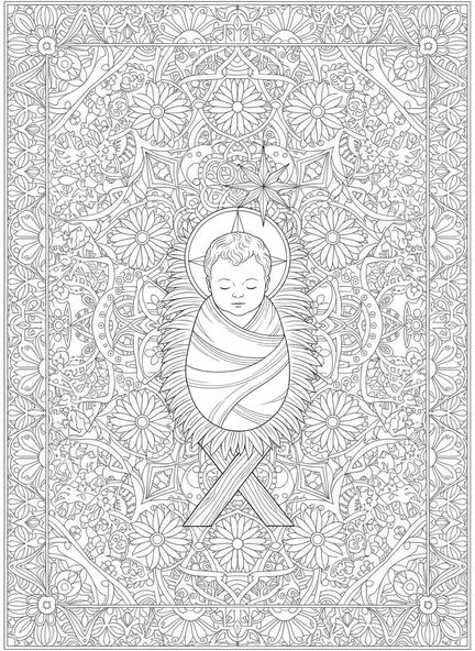 Bébé Jésus dans la crèche, page à colorier de la Nativité pour le style de journalisation biblique pour adultes.