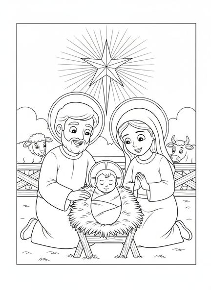 Bébé Jésus dans une crèche, page à colorier de la Nativité pour les enfants de 5 à 10 ans