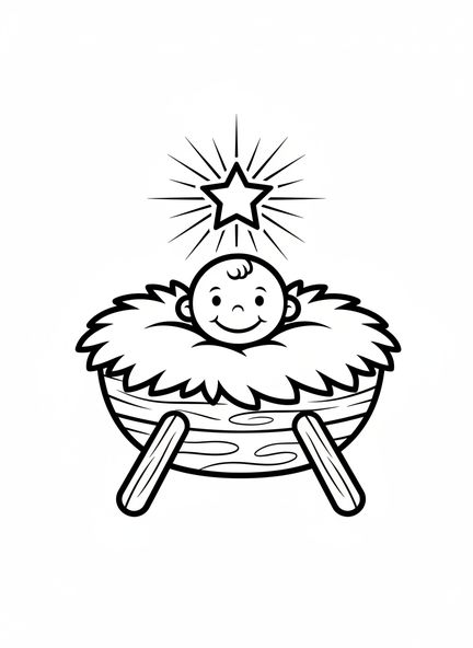 Bébé souriant dans une crèche, page à colorier de la Nativité pour les enfants d'âge préscolaire de 3 à 5 ans