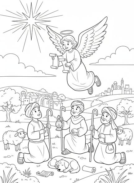 Ange avec annonce, page à colorier de la Nativité pour les enfants de l'École du dimanche âgés de 5 à 12 ans.
