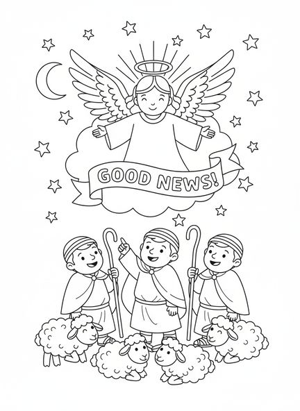 Bergers joyeux, page à colorier des anges bergers pour enfants de 5 à 10 ans