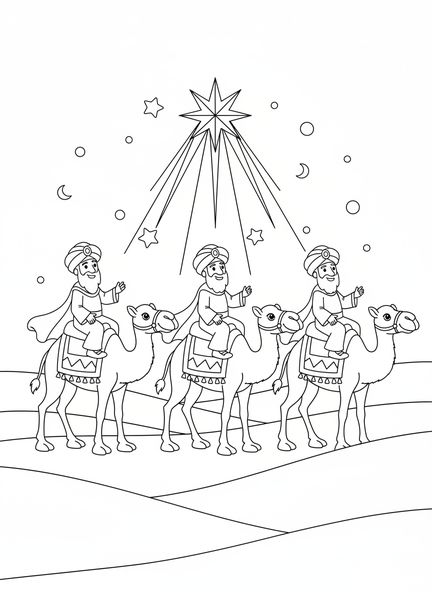 Trois rois mages sur des chameaux, page à colorier de l'Étoile de Bethléem pour les enfants de 5 à 10 ans.