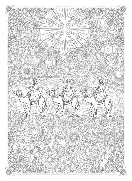 Trois rois mages sur des chameaux, page à colorier des Trois Rois Mages pour le journal biblique.