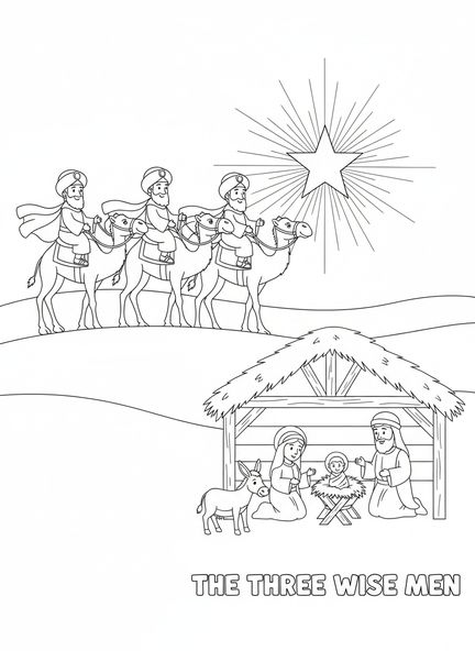 Trois chameaux, page à colorier des Trois Rois Mages pour les enfants de 5 à 10 ans