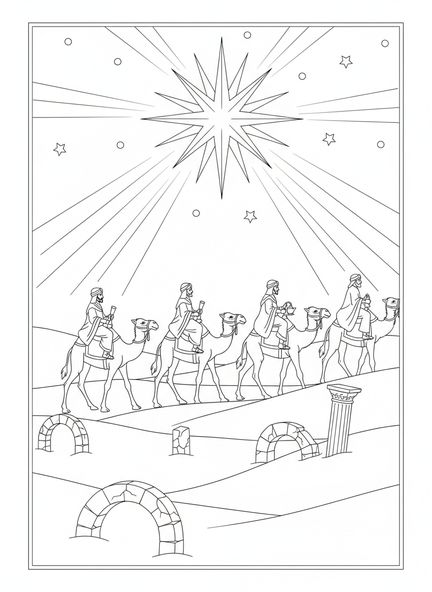 Trois Rois Mages sur des chameaux, page à colorier des Rois Mages pour les enfants de l'École du dimanche âgés de 5 à 12 ans.