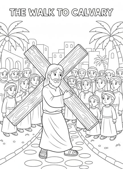 Jesús cargando una cruz, página para colorear del Crucifijo para niños de 5 a 10 años.